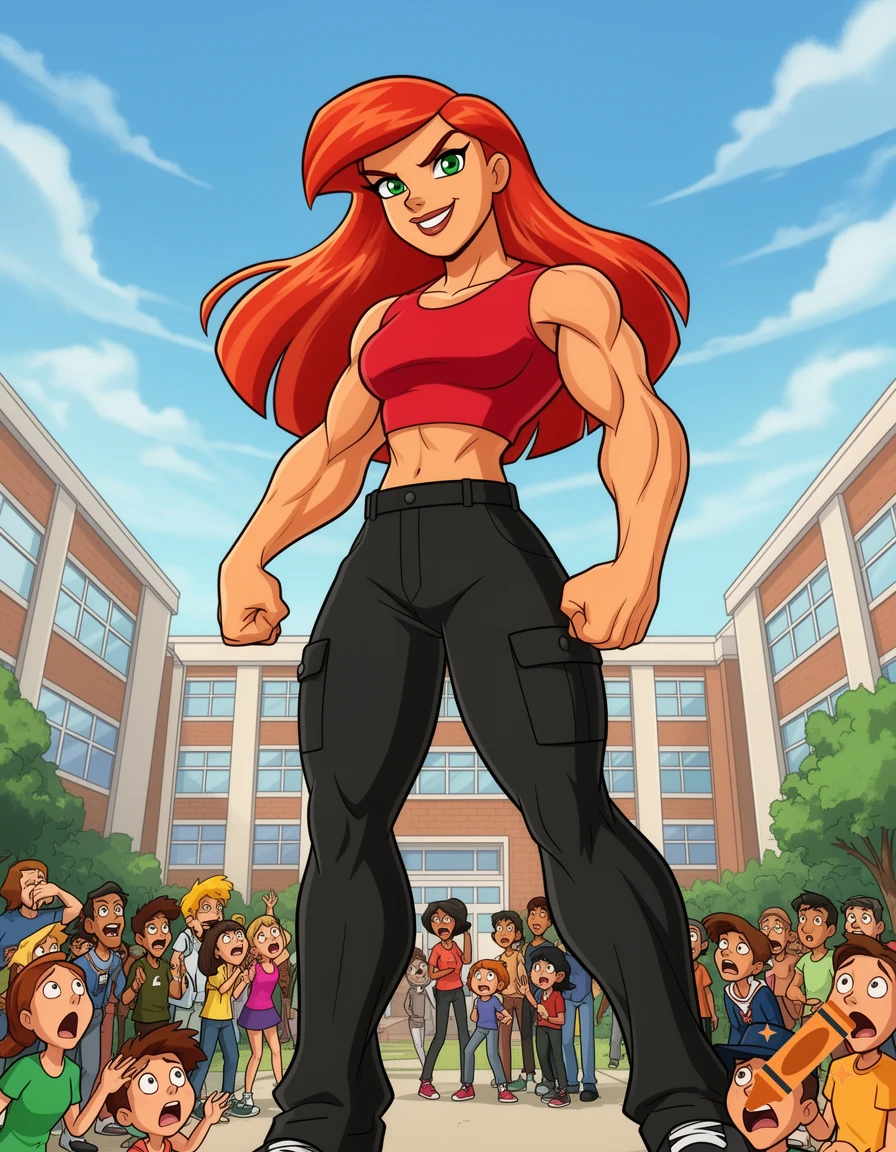 A giant muscular red-haired woman in a red crop top glares down at a crowd of frightened small people in front of a school, cartoon style.