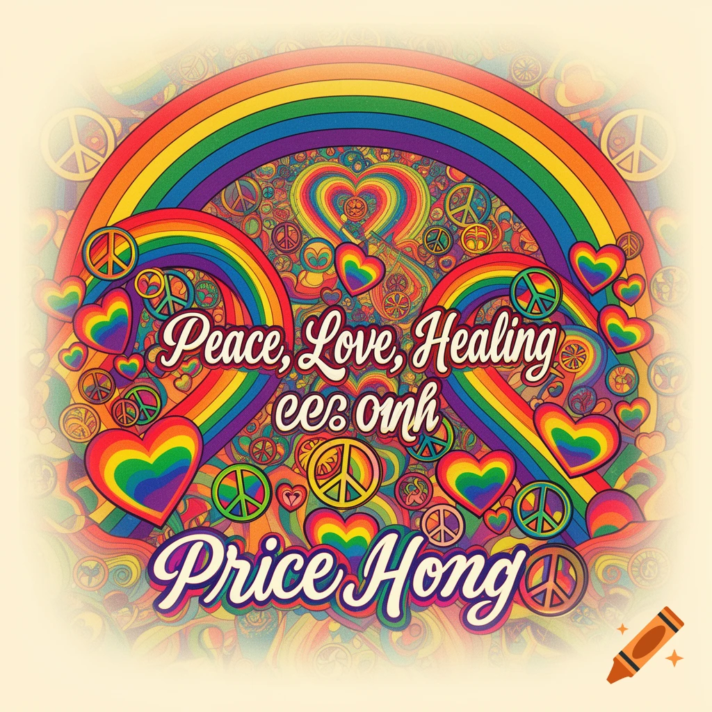 A groovy hippie poster with a large rainbow, peace signs, and rainbow hearts. Text reads 'Peace, Love, Healing' and 'Price Hong'.