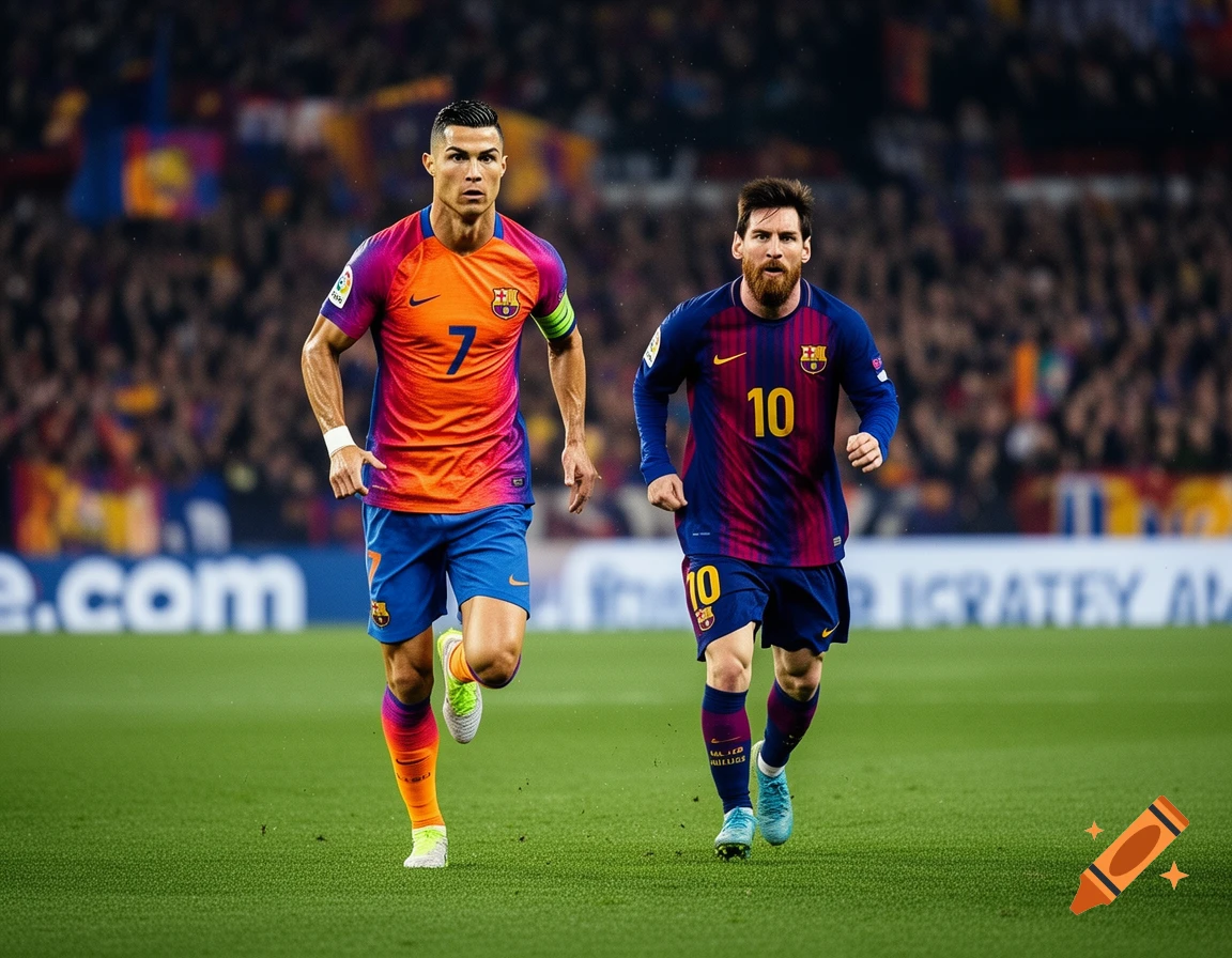 Photorealistic image of Cristiano Ronaldo and Lionel Messi running on a soccer field during a match.