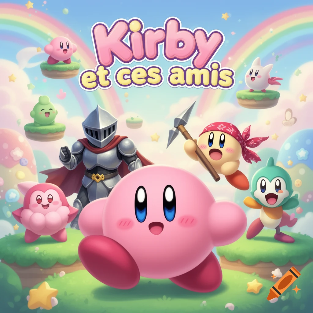 Kirby and friends, including a knight, a bandana-wearing character with a pickaxe, and other creatures, in a colorful, whimsical setting with rainbows and clouds.