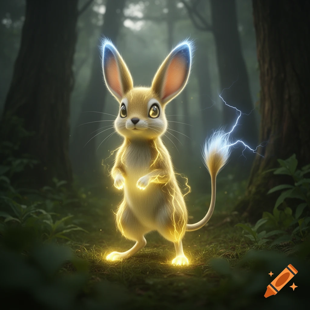 A cute, light brown electric jerboa-like Pok emon with glowing yellow electricity and blue lightning sparks stands in a dark, misty forest.