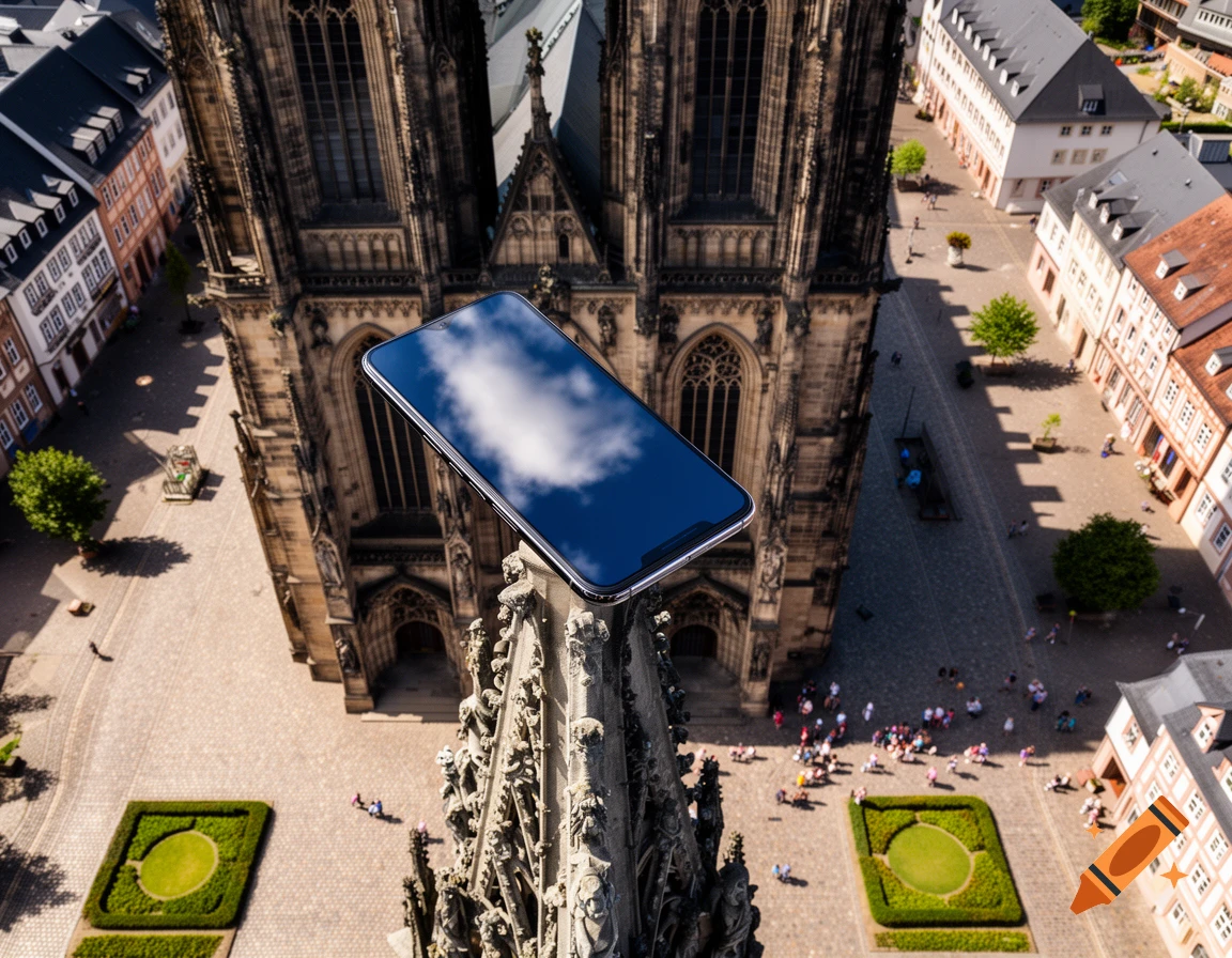 An aerial view of a smartphone reflecting clouds, balanced on the spire of a gothic cathedral, overlooking a city square.