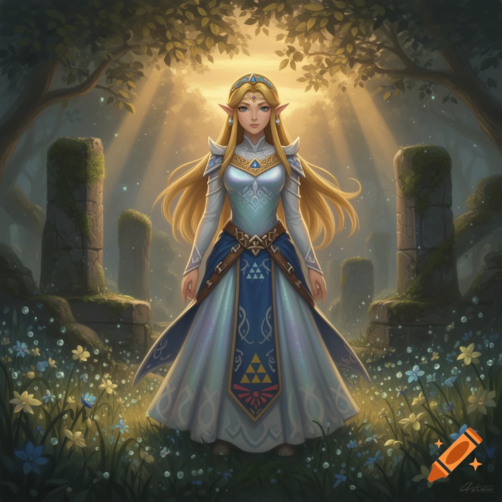 A fantasy character resembling Princess Zelda, with long blonde hair and elven ears, stands in a magical forest with ancient ruins, bathed in sunlight. Stylized digital art.