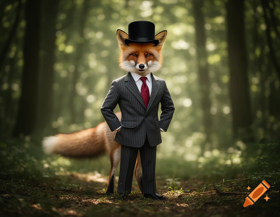 A photorealistic fox wearing a pinstripe suit, red tie, and top hat stands in a sun-dappled forest.