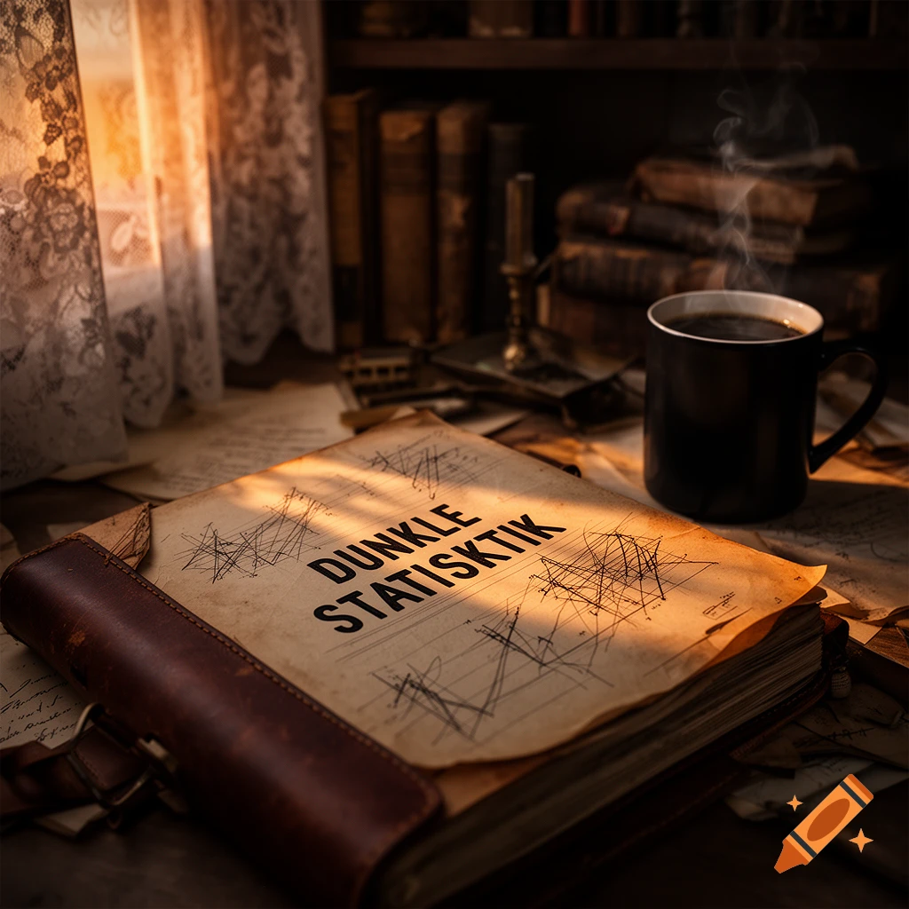 A dimly lit desk scene with a brown leather-bound book open to a page titled "DUNKLE STATISTIK" (Dark Statistics) with handwritten charts. A steaming black coffee mug, papers, and books are scattered around, illuminated by warm sunlight filtering through a lace curtain.