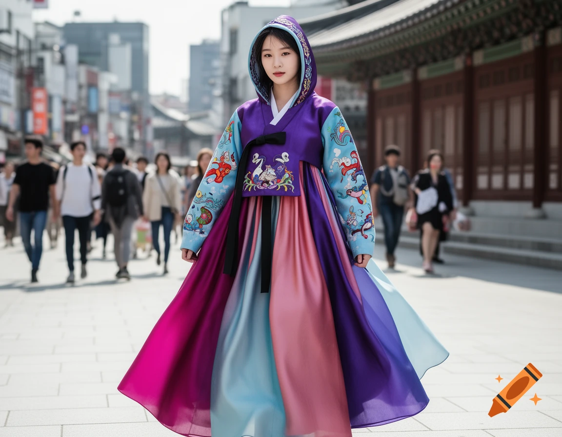 A young woman in a vibrant, modern purple and pink hanbok with a hoodie walks down a busy urban street.