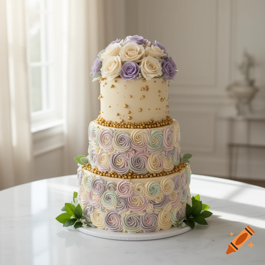 A three-tier cake with pastel rosette frosting, gold beads, and white and lavender roses on top, on a white table.