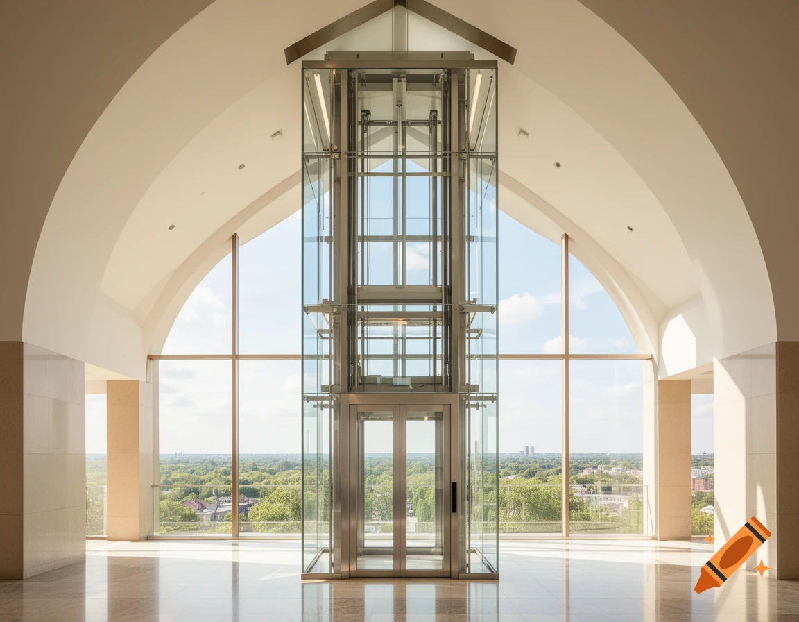 A modern glass elevator stands centered in a bright, arched architectural lobby with a panoramic view of a city and trees.
