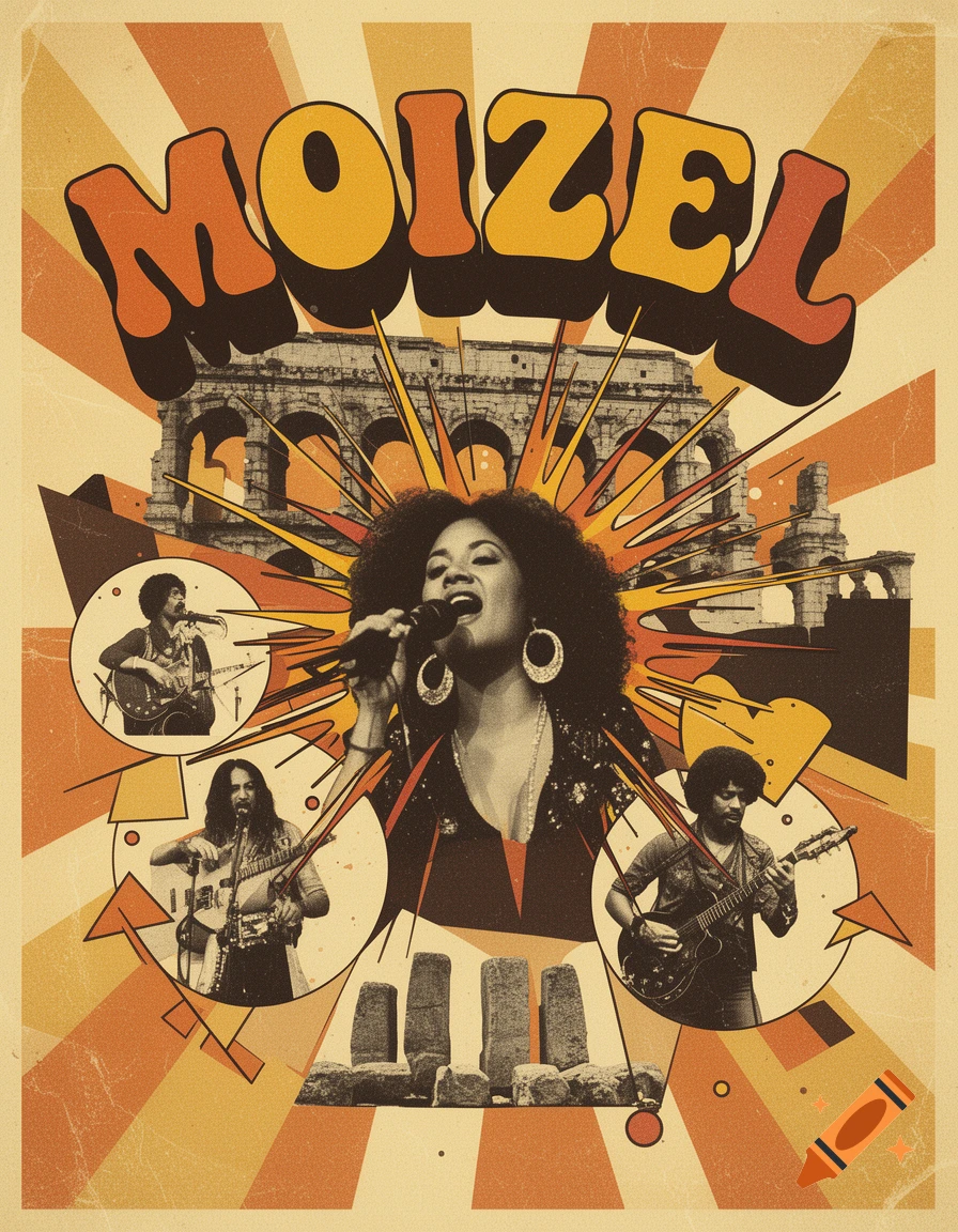 Psychedelic 70s rock concert poster with "MOIZEL" in bubble letters, featuring a female singer, musicians, and ancient ruins.