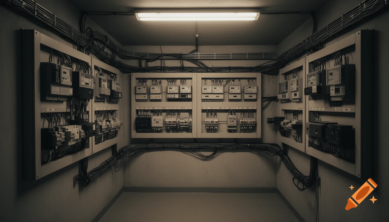 Photorealistic image of an industrial German utility room with electrical panels, meters, circuit breakers, and cables.