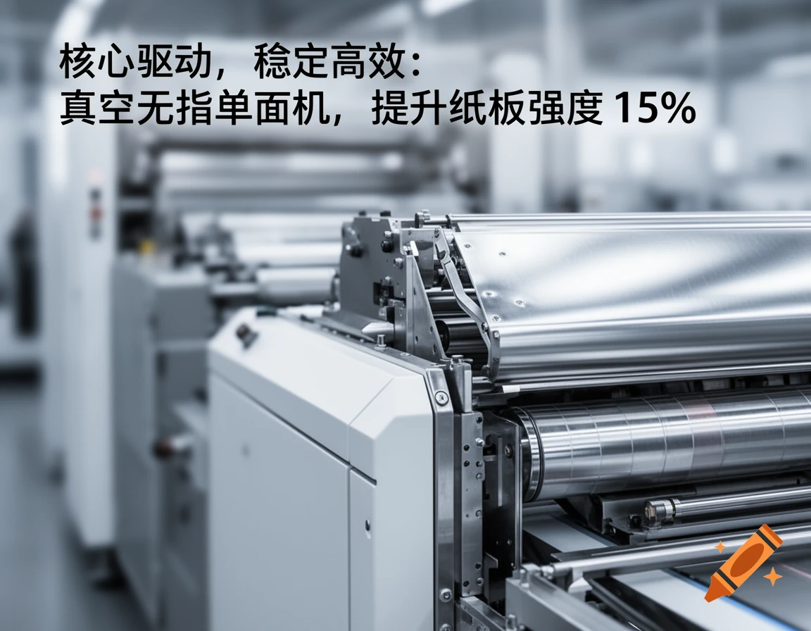 Close-up of a modern industrial machine with metallic rollers in a factory, with Chinese text overlay.