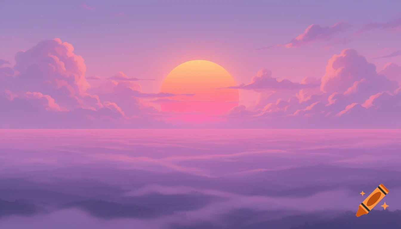 Vibrant synthwave landscape with a large orange-pink sun over a misty purple horizon and soft pink clouds.