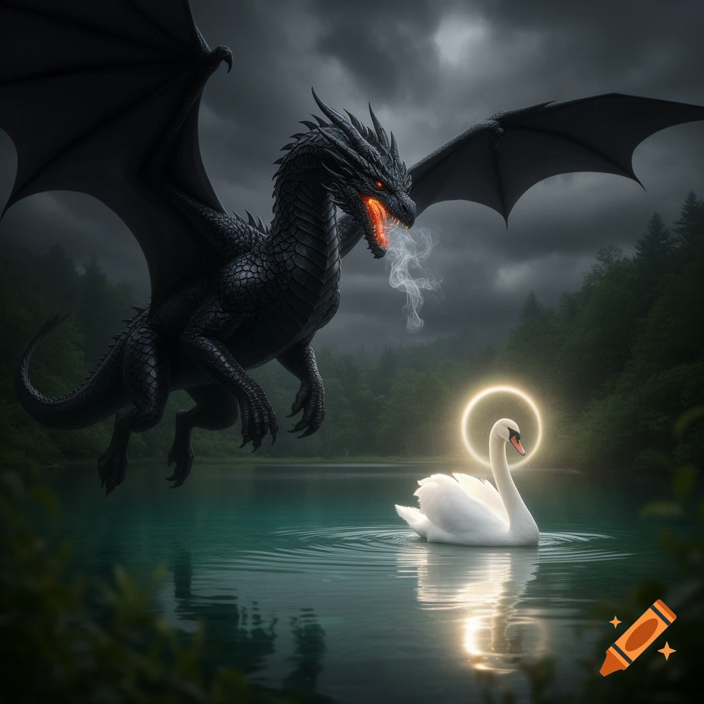 A large black dragon with glowing red eyes hovers above a tranquil lake, exhaling smoke towards a white swan with a golden halo.