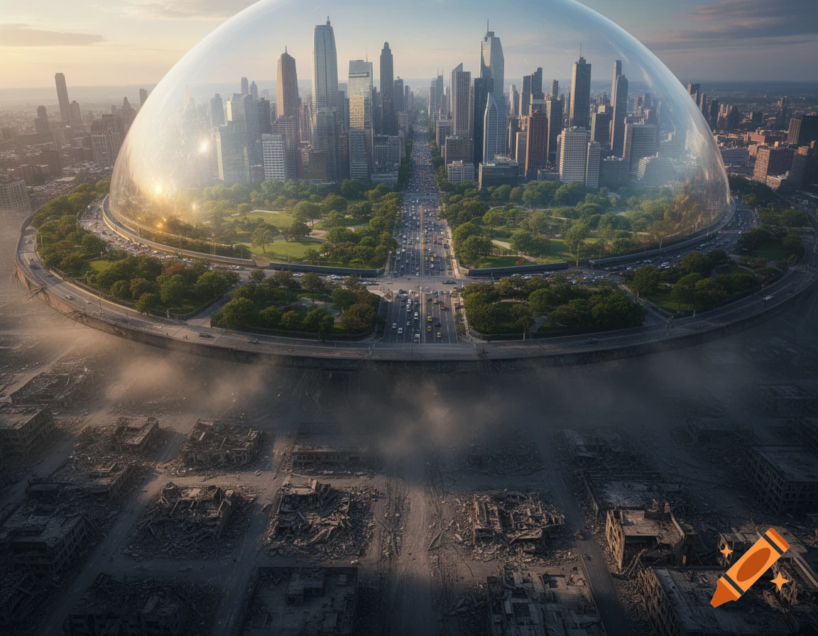 Aerial view of a city thriving under a clear dome, contrasted by a desolate, ruined city surrounding it, in a photorealistic style.