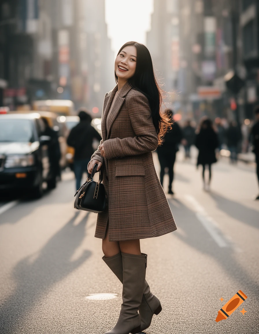 A smiling Asian woman in a plaid coat and gray boots stands on a city street, holding a black handbag, looking at the camera.