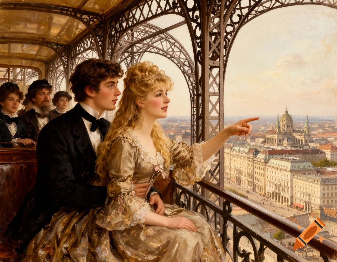 An oil painting of an Edwardian couple in an open-air carriage, admiring a sprawling European city from above. The woman points to a dome-topped building.
