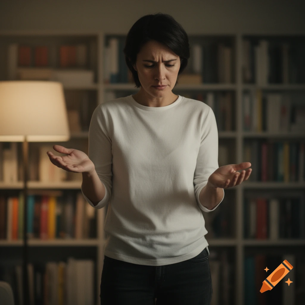 A woman with short dark hair looks pensive and holds her hands out, standing in a dimly lit room with bookshelves.