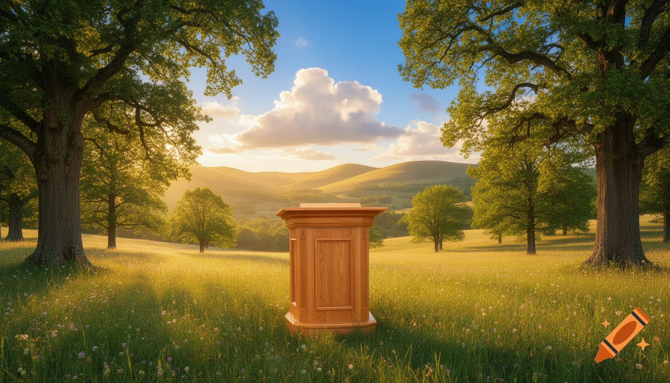 A wooden podium stands in a sunlit grassy field surrounded by large trees and rolling hills under a blue sky.