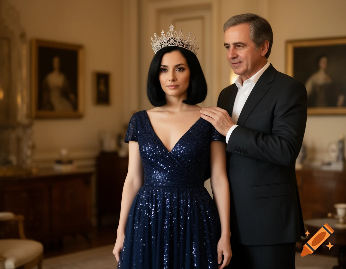 Photorealistic portrait of a woman in a navy sequin gown and crown, with a man in a suit standing behind her in an opulent room.