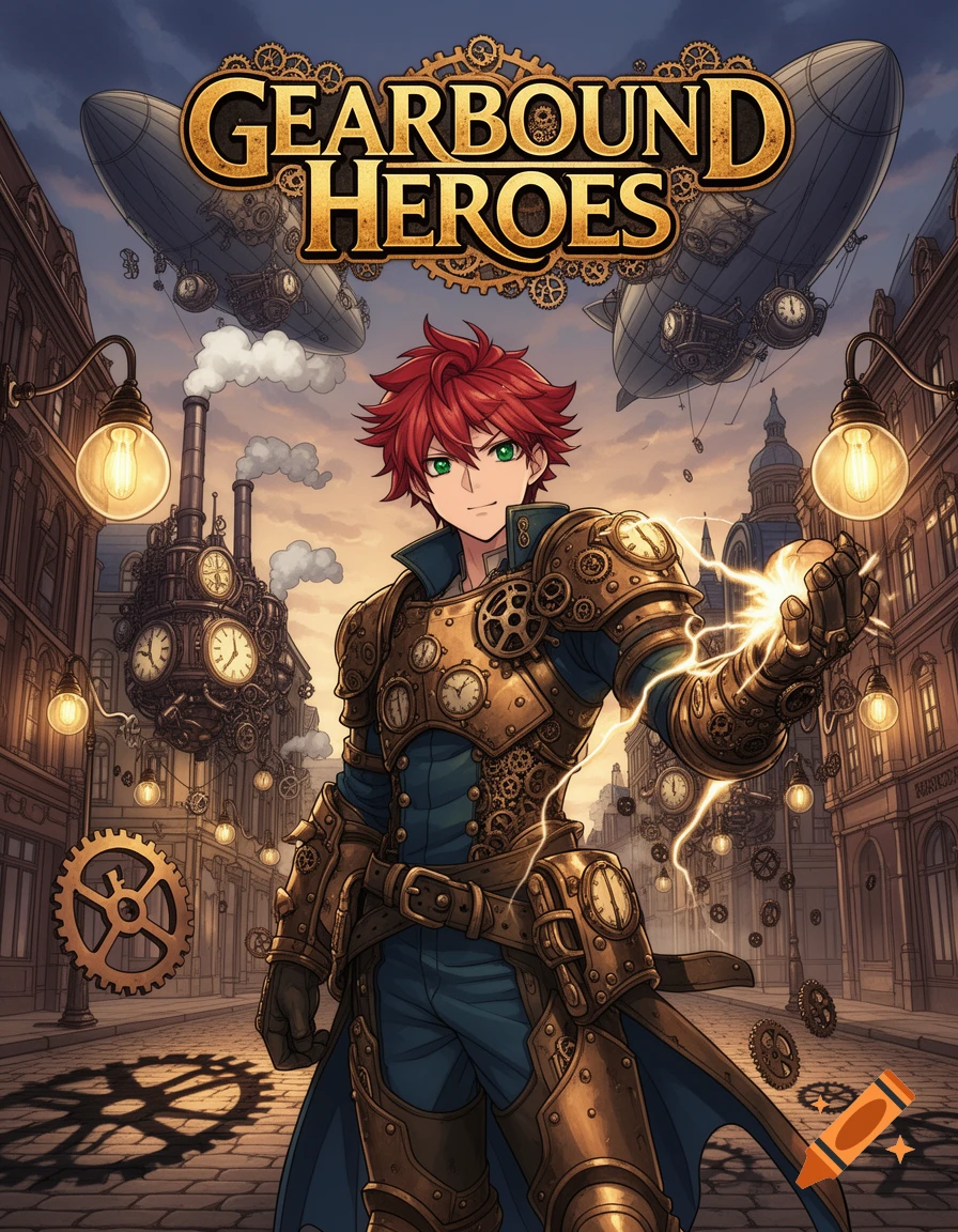 Red-haired anime boy in steampunk armor holding electricity in a steampunk city with airships and gears, manga cover art.