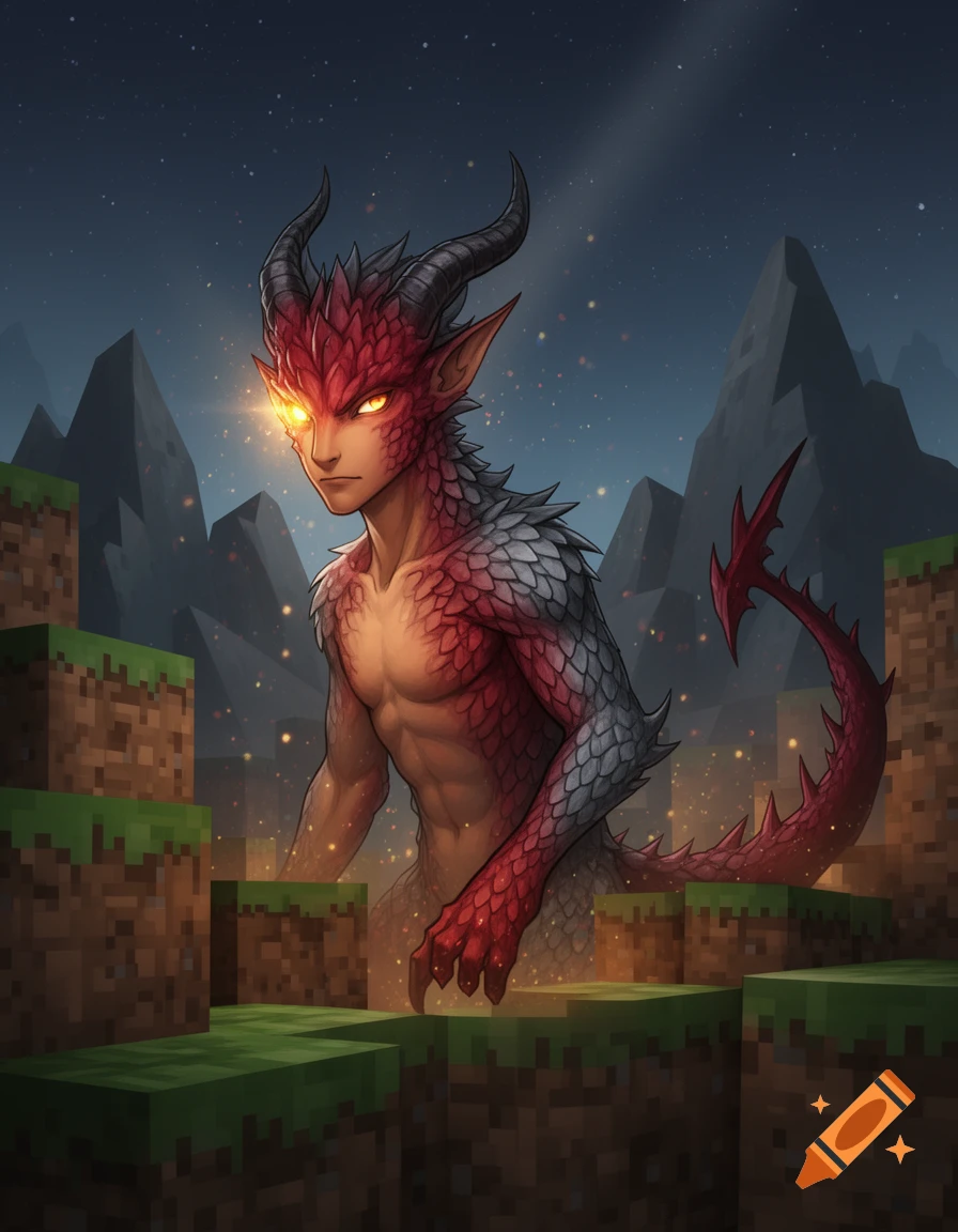 A red and grey scaled demon-like creature with horns and glowing eyes emerges from a Minecraft-style landscape of dirt and grass blocks.