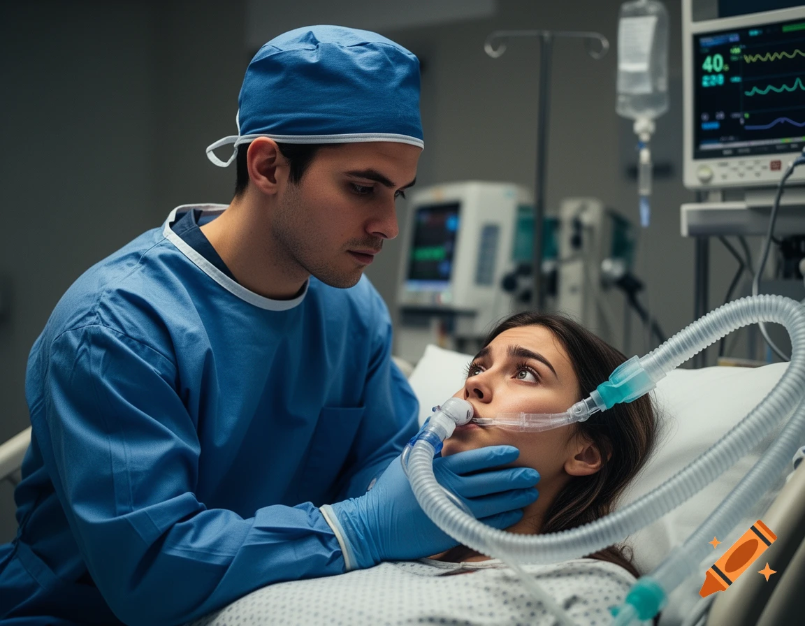A male doctor in blue scrubs gently tends to a female patient with an intubation tube in a dramatic, photorealistic hospital scene.