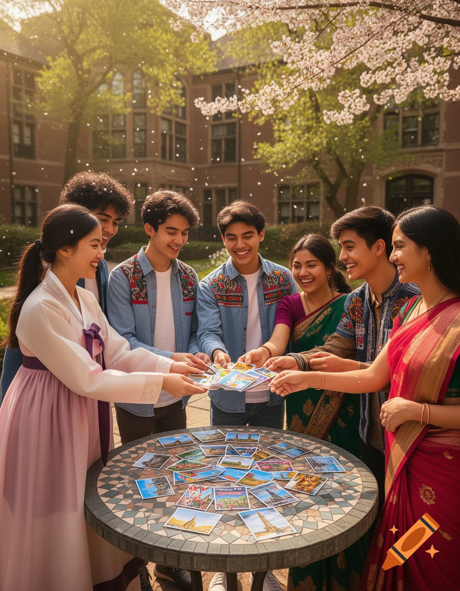 A diverse group of smiling students in cultural attire exchanges postcards around a mosaic table outdoors under a blossoming tree.