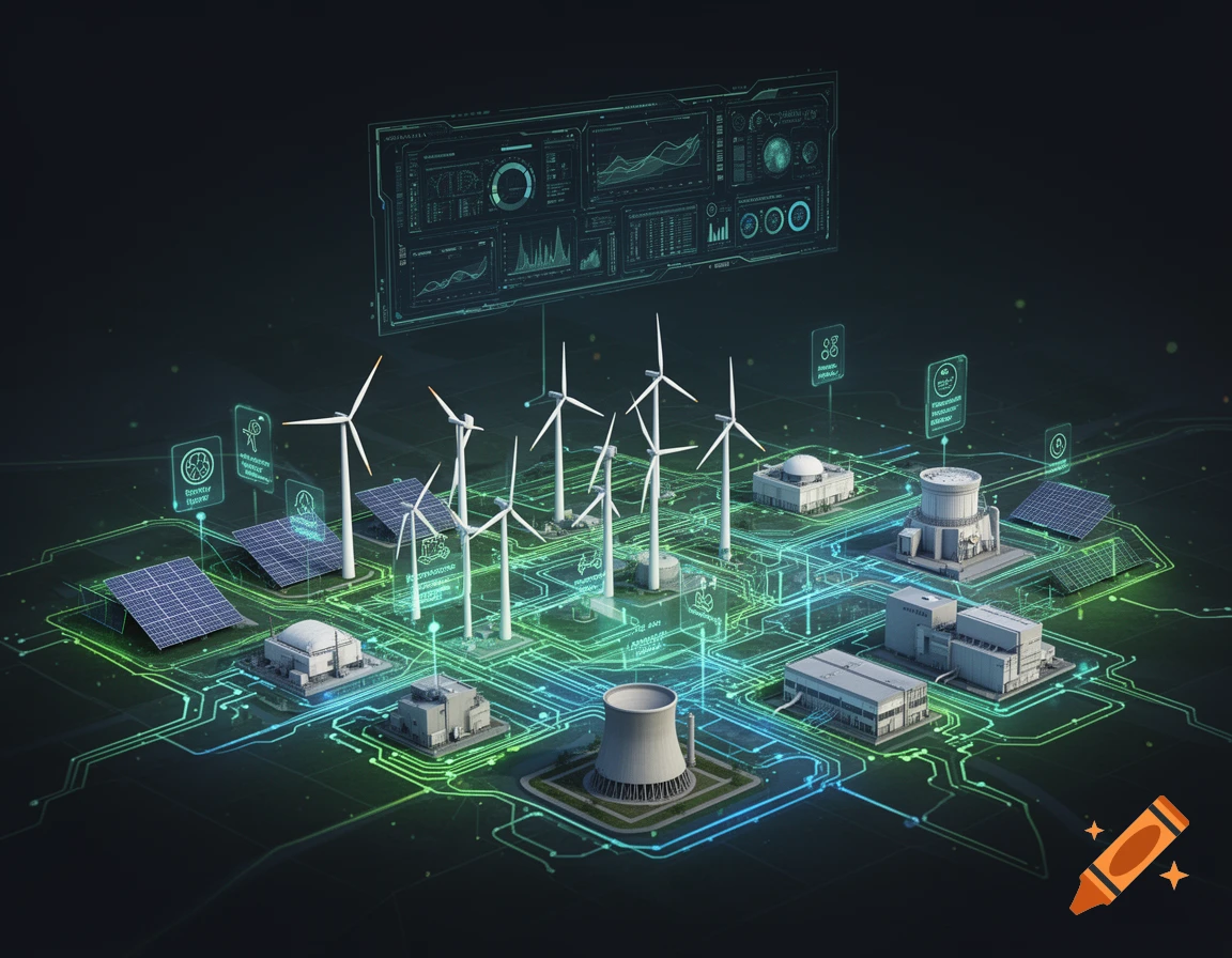A schematic diagram showing various energy generation plants like wind turbines, solar panels, and nuclear facilities connected by glowing circuit lines, overseen by a digital dashboard.