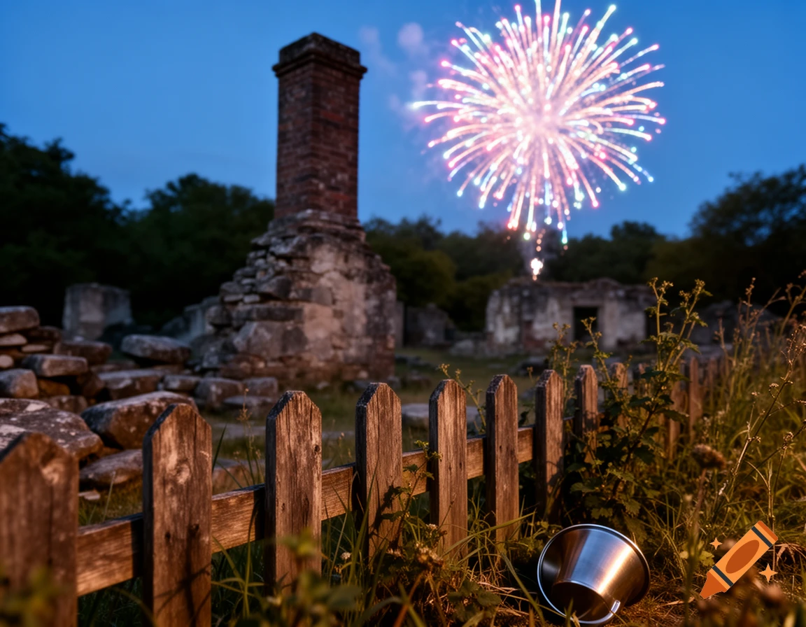 Colorful fireworks illuminate ancient ruins at dusk, seen from behind a rustic wooden fence and a metallic bucket in the foreground.