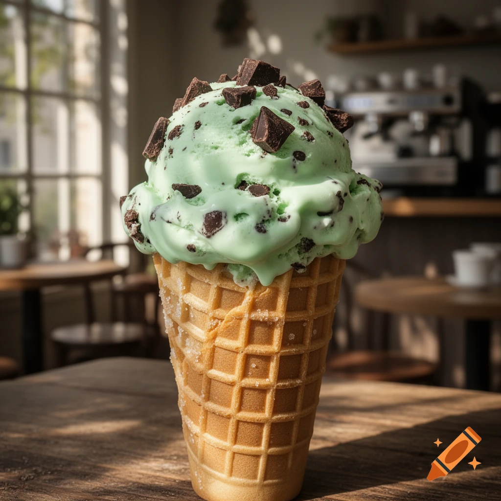 Photorealistic mint chocolate chip ice cream cone with chocolate chunks on a wooden table in a sunlit cafe.