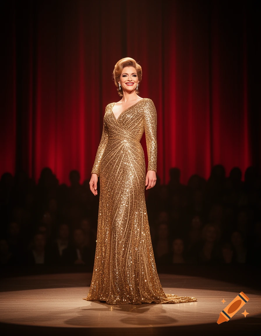A woman in a sparkling gold gown stands on a stage with red curtains in the background.