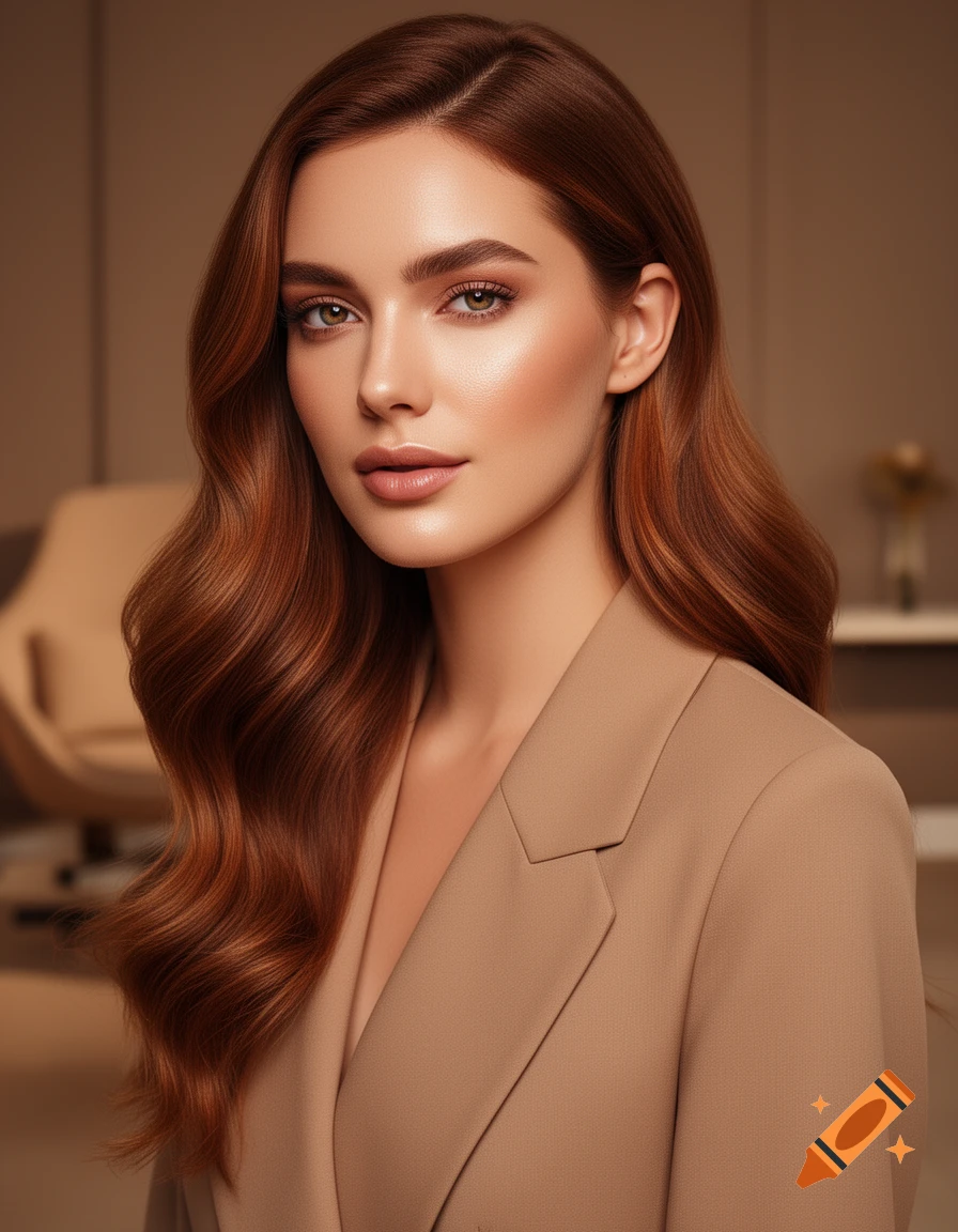 Photorealistic portrait of a woman with long wavy red hair and a beige blazer.