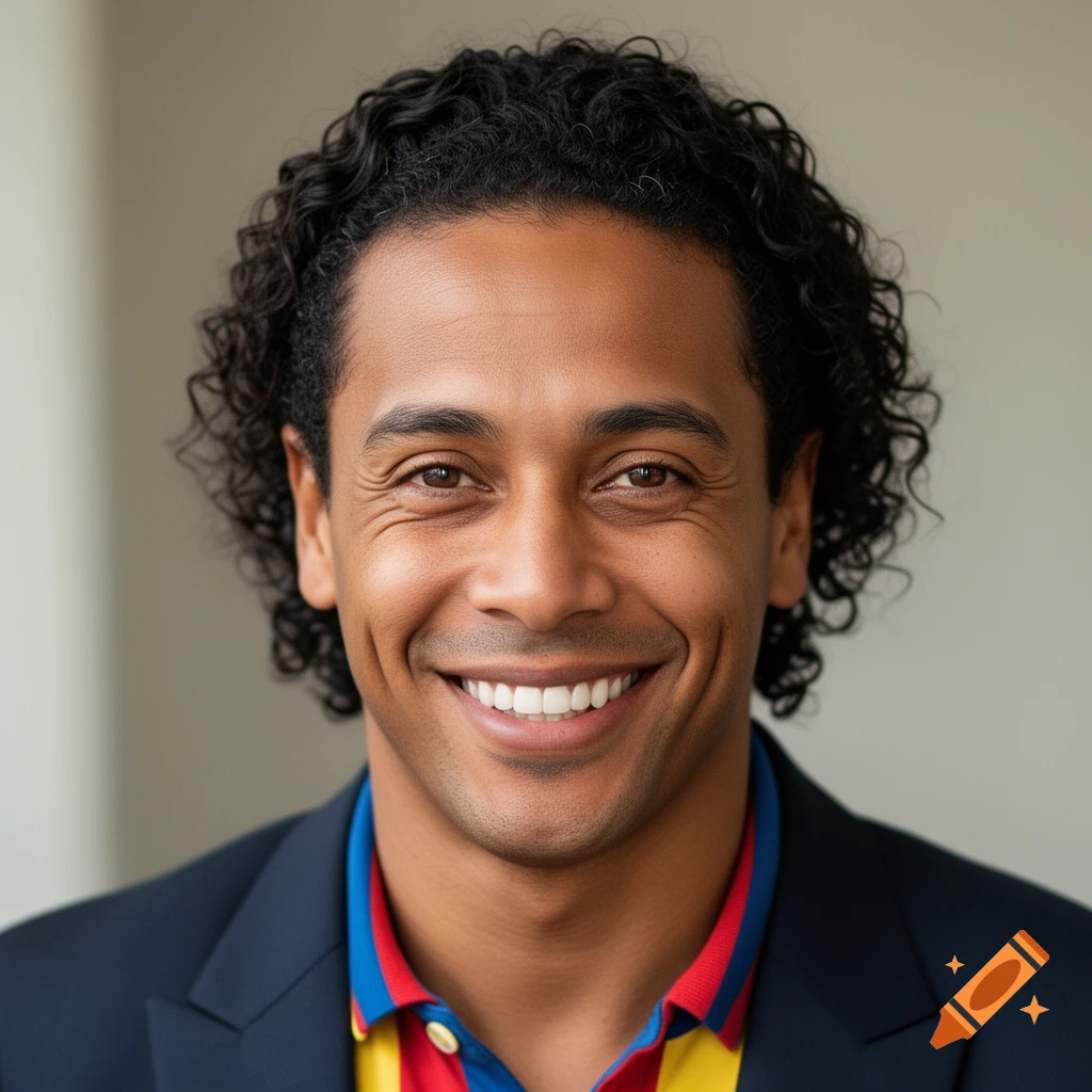 A smiling man with dark curly hair wearing a navy blue jacket over a red, yellow, and blue striped polo shirt.