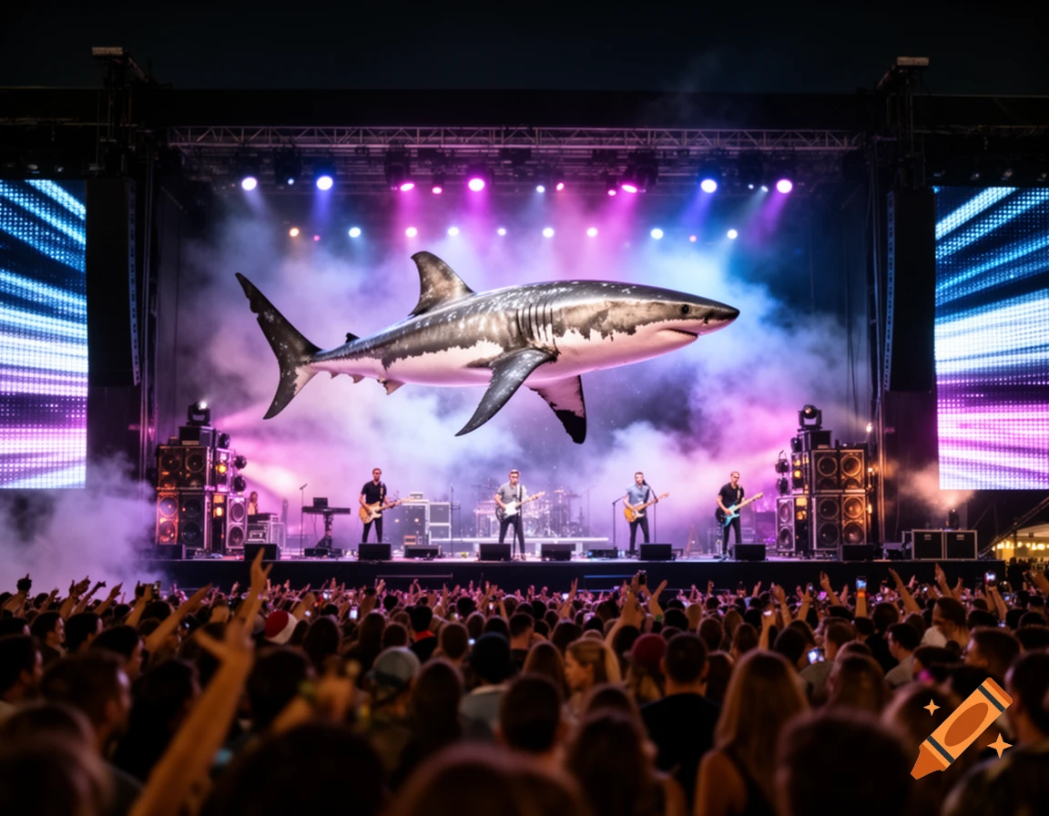 A large photorealistic shark floats above a concert stage with a band playing to a cheering crowd under pink and blue lights.