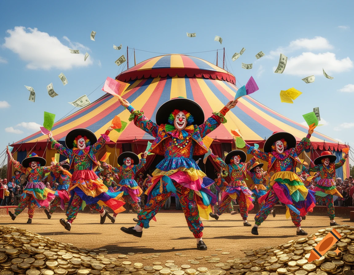 Many brightly dressed clowns dance joyfully in front of a colorful striped circus tent, with money bills flying and coins scattered on the ground. Photorealistic style.