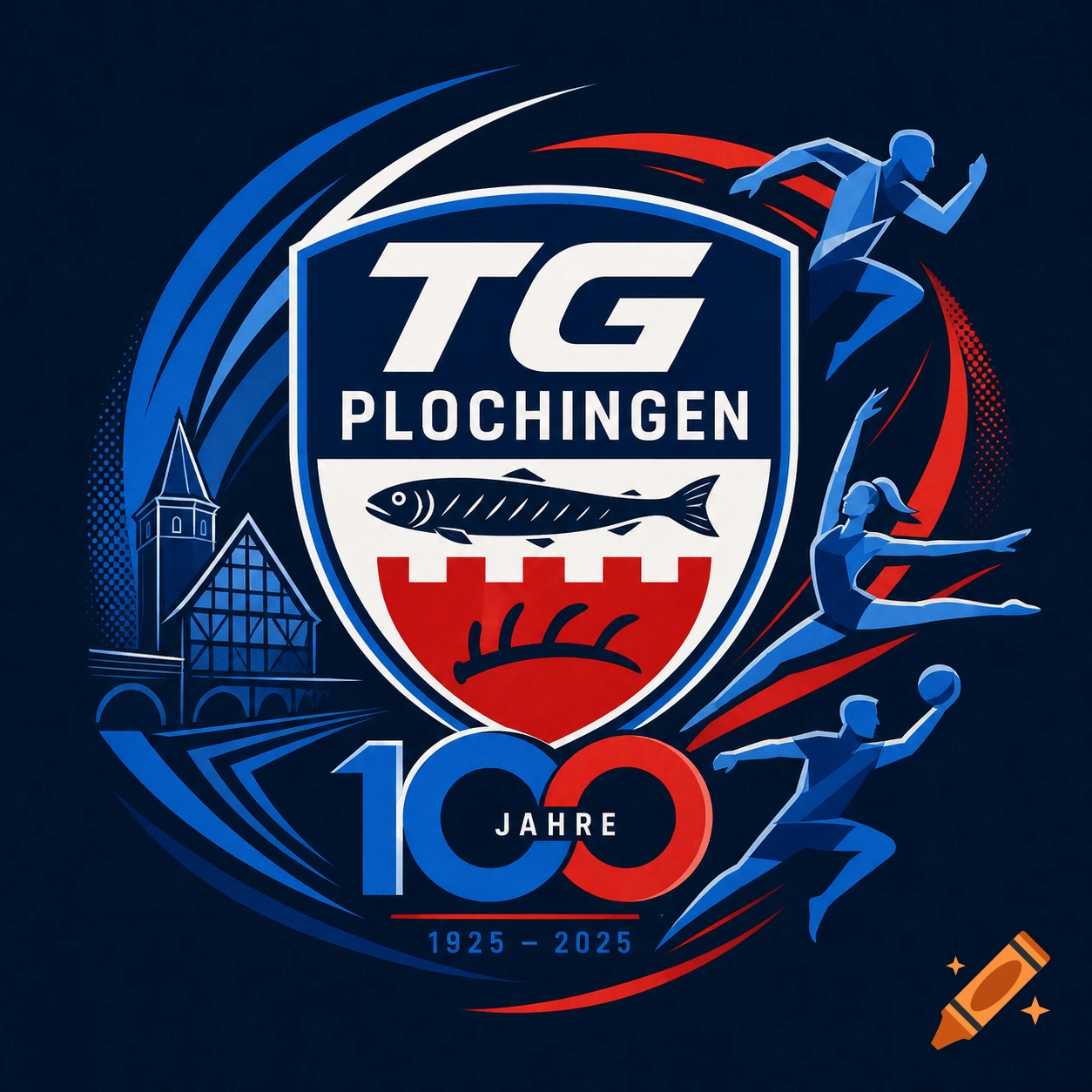 A blue, red, and white stylized logo for TG Plochingen's 100-year anniversary, featuring a shield, fish, historic building, and athletes.