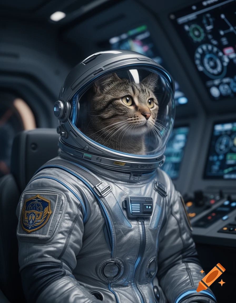 A photorealistic tabby cat in a detailed astronaut suit sits in a spaceship cockpit, looking out intently with control panels in the background.