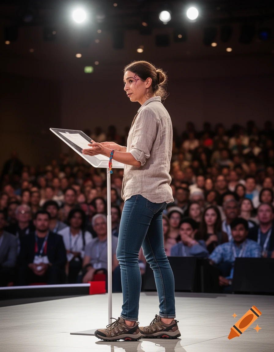 A woman in a linen shirt and jeans speaks from a clear podium to a large audience at a conference.