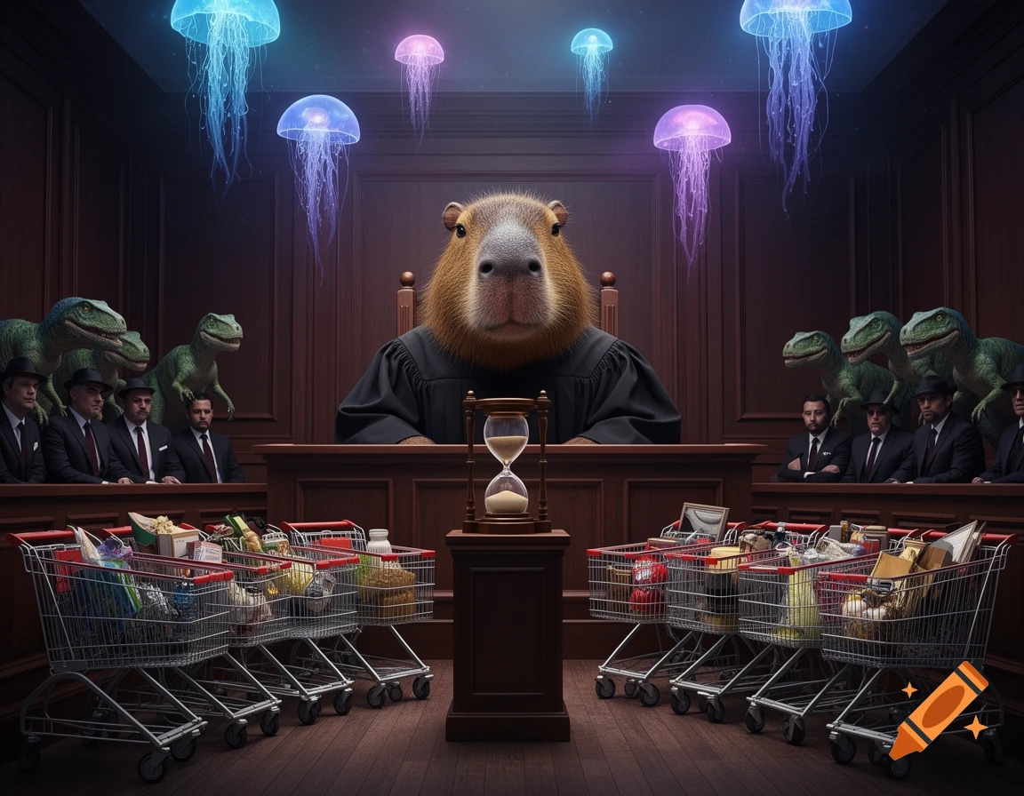 A giant capybara judge presides over a surreal courtroom with shopping cart jurors, men, and velociraptors, under glowing jellyfish lights.