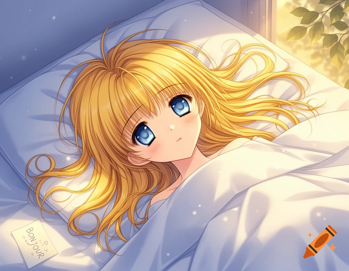An anime girl with blonde hair and blue eyes wakes in bed, covered by a white blanket, with a 'Bonjour' note. Sunlight streams in.