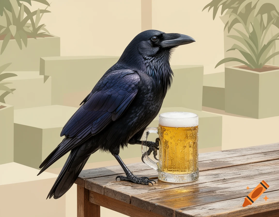 A black raven stands on a wooden table, its foot on a frothy mug of beer, with a stylized flat-colored background.