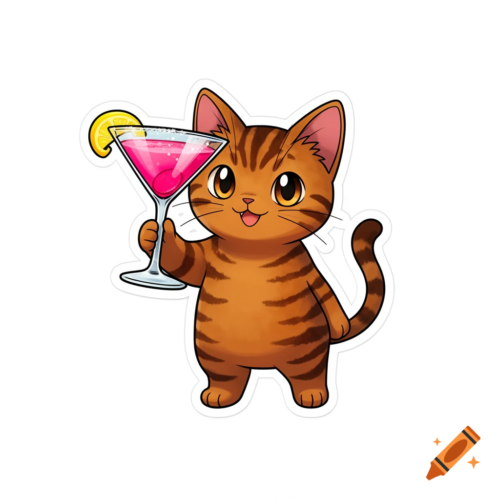 A cute cartoon tabby cat in a Pokemon style holds up a pink martini glass with a lemon slice, depicted as a sticker.