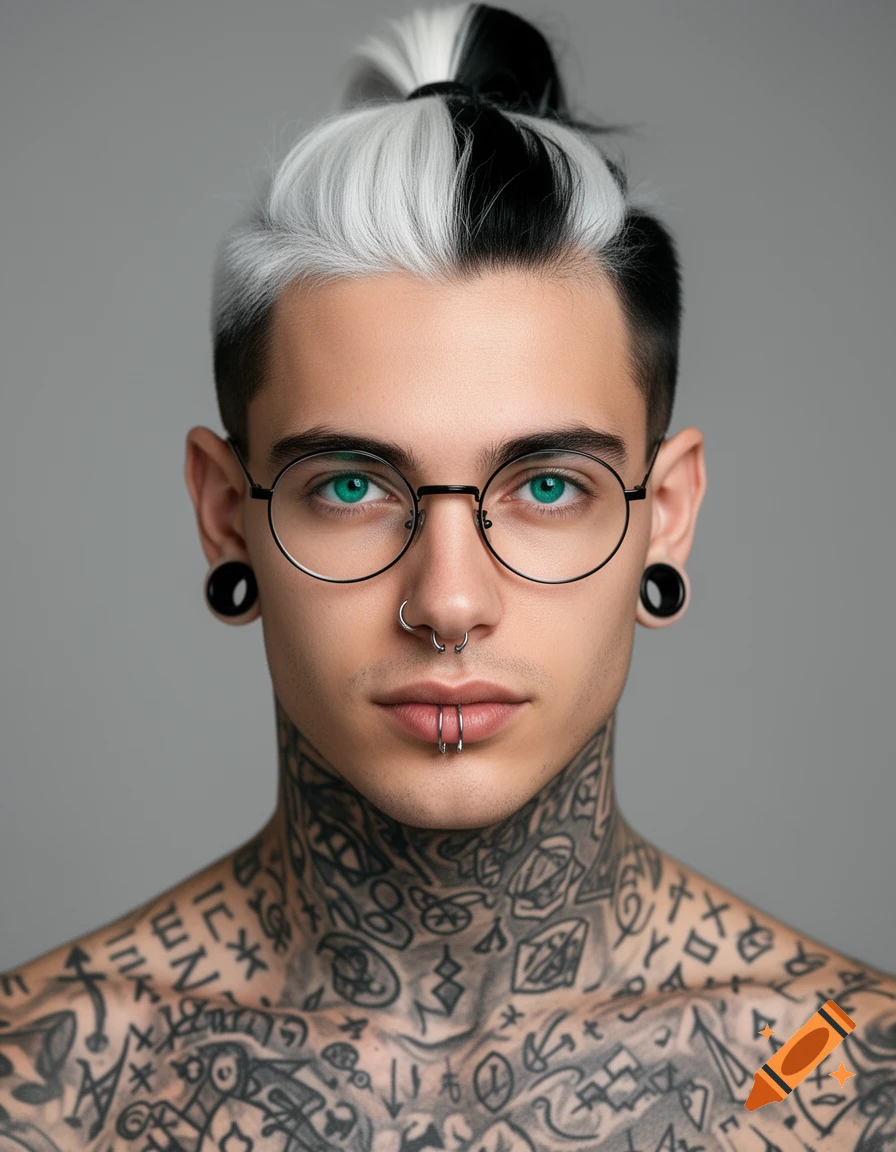 Young man with black and white hair in a bun, teal eyes, round glasses, ear gauges, nose ring, lip ring, and full neck and chest tattoos.