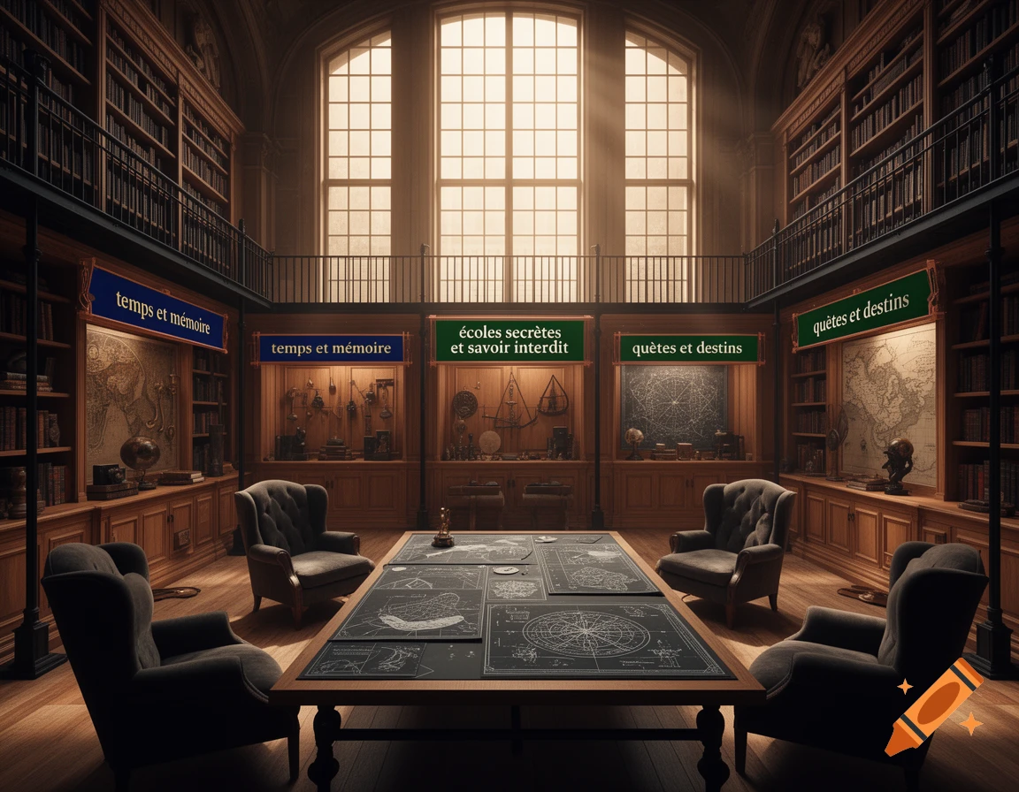 A grand, warm fantasy library with tall windows, golden light, deep armchairs, and a central table with maps. Signs above sections read "temps et mémoire," "écoles secrètes et savoir interdit," and "quêtes et destins."