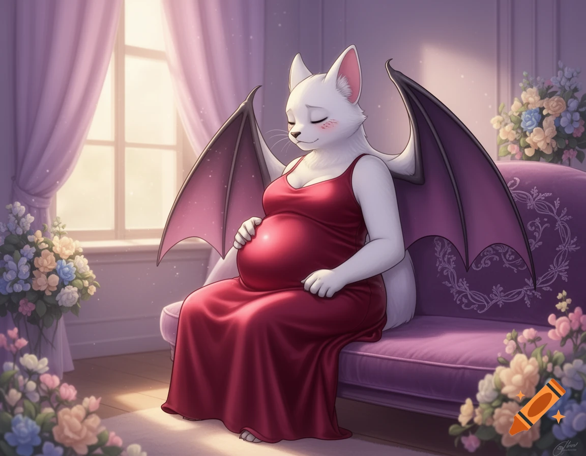 A pregnant white cat-like creature with bat wings sits on a purple sofa, cradling her belly in a cozy, cartoon-style room filled with flowers.