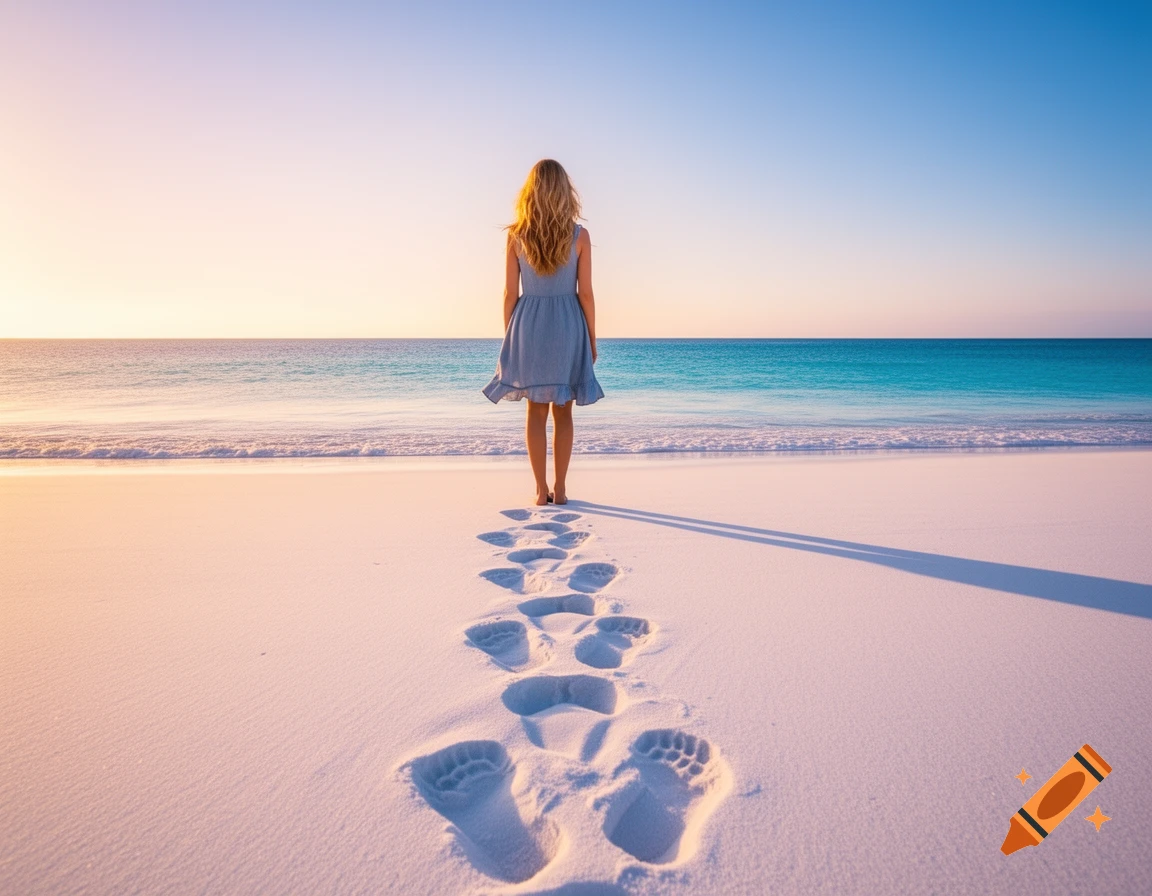 A woman in a blue dress stands on a white sand beach, looking out at the turquoise ocean under a sunset sky, with footprints in the sand.