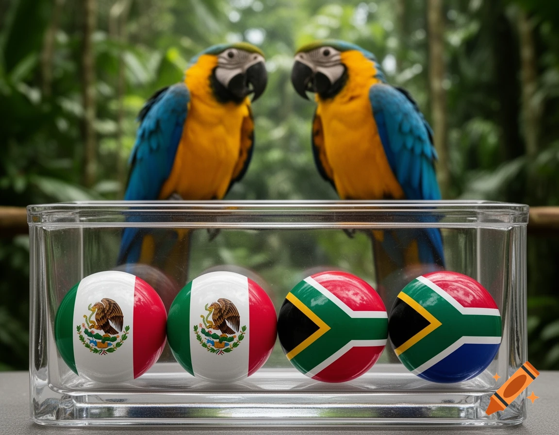 Two blue and yellow macaws perch in a lush green jungle, looking at a clear container holding two Mexican and two South African flag balls.