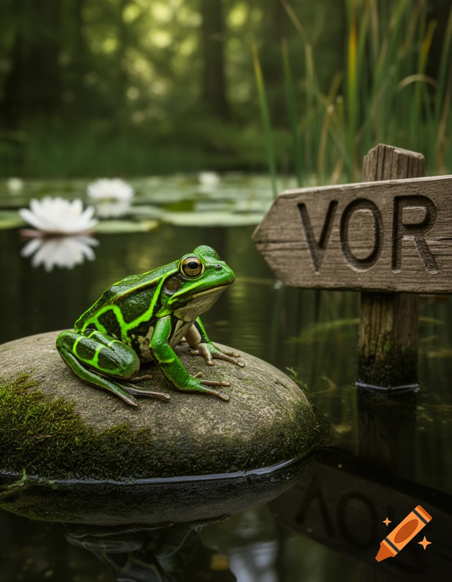 A vibrant green frog with black stripes sits on a mossy rock in a pond with lily pads. A wooden sign reads "VOR" next to it.
