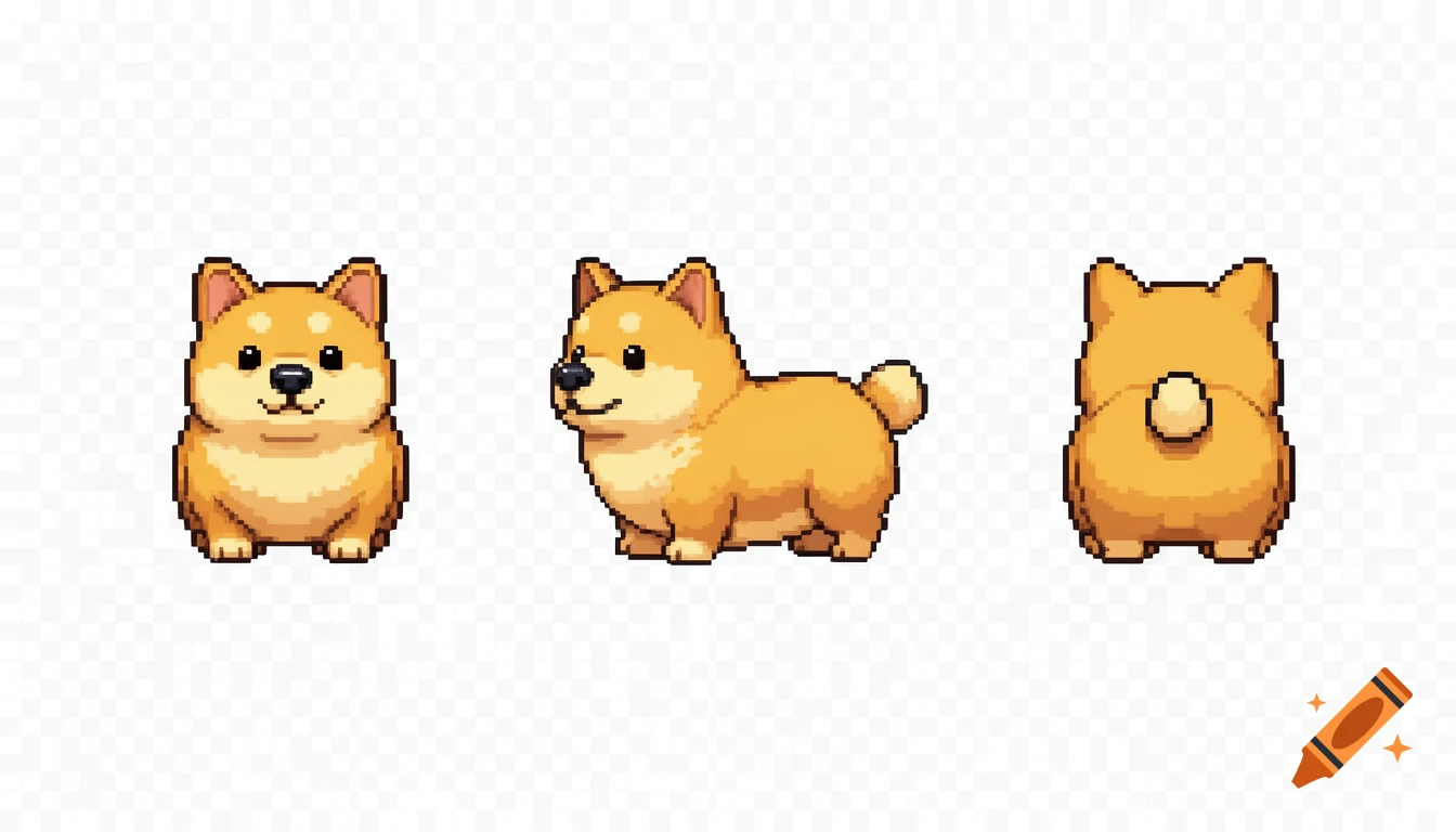 Three pixel art sprites of a chubby golden-yellow dog in front, side, and back views on a transparent background.