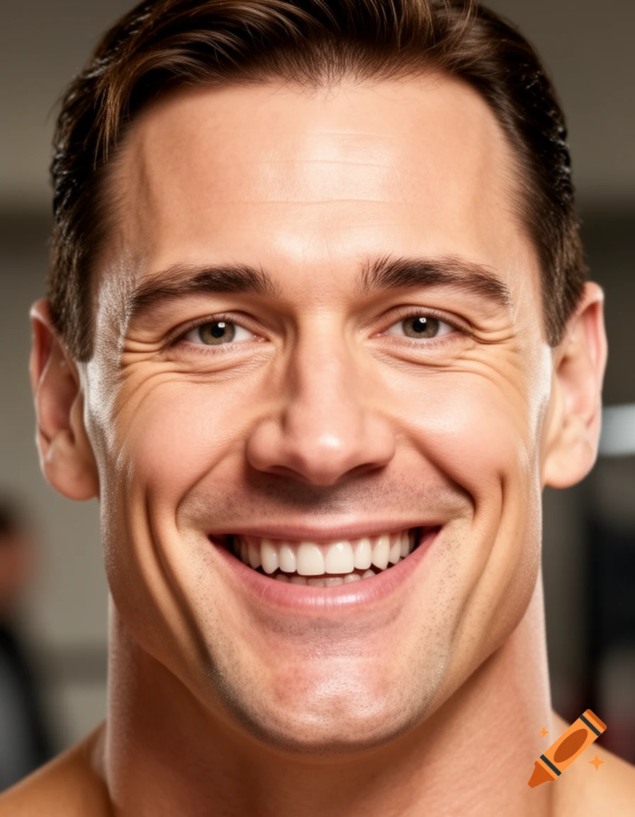 Close-up photorealistic portrait of a smiling man with brown hair and light eyes.